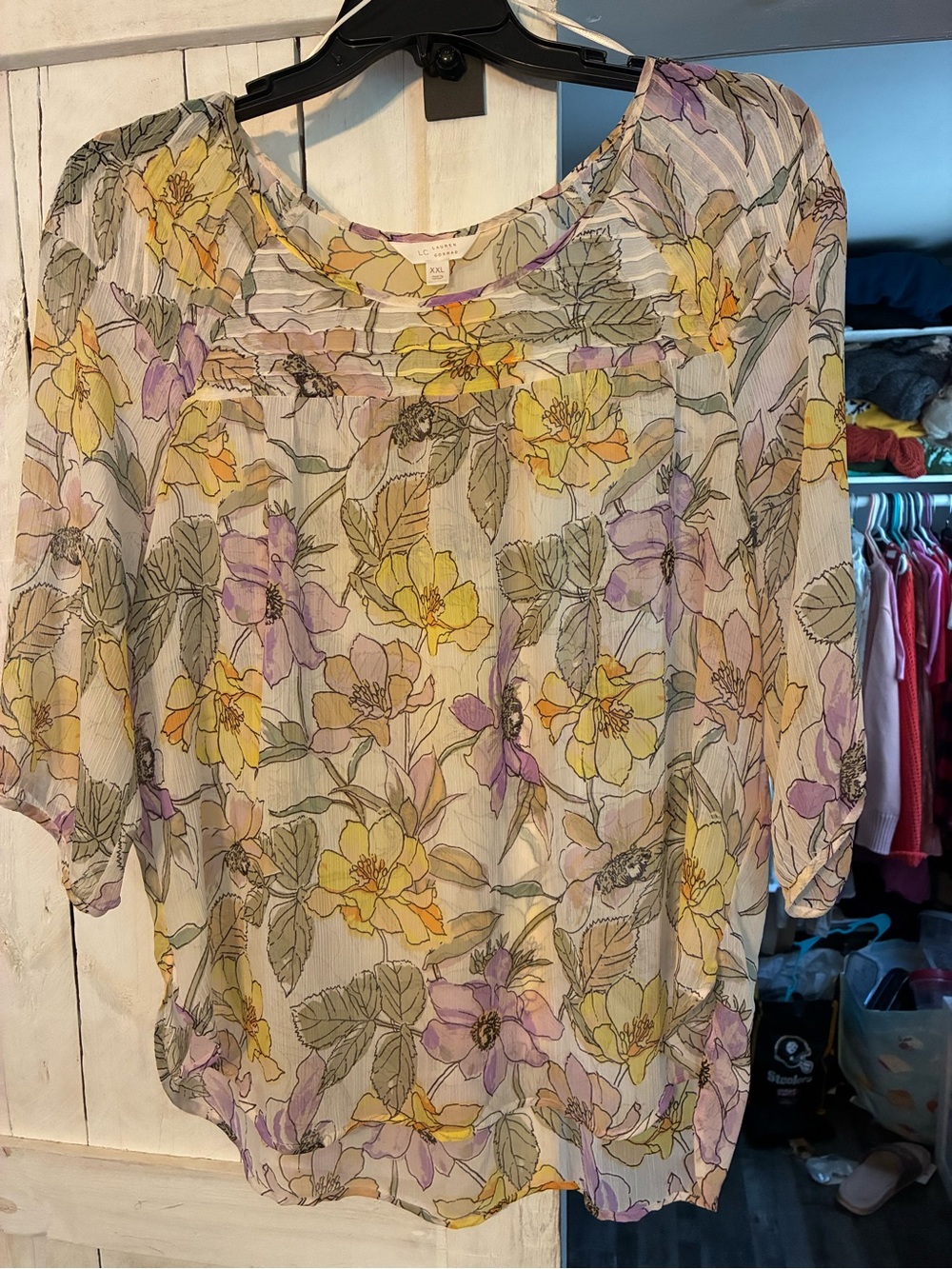 LC Lauren Conrad Yellow & Purple Floral Sheer Blouse